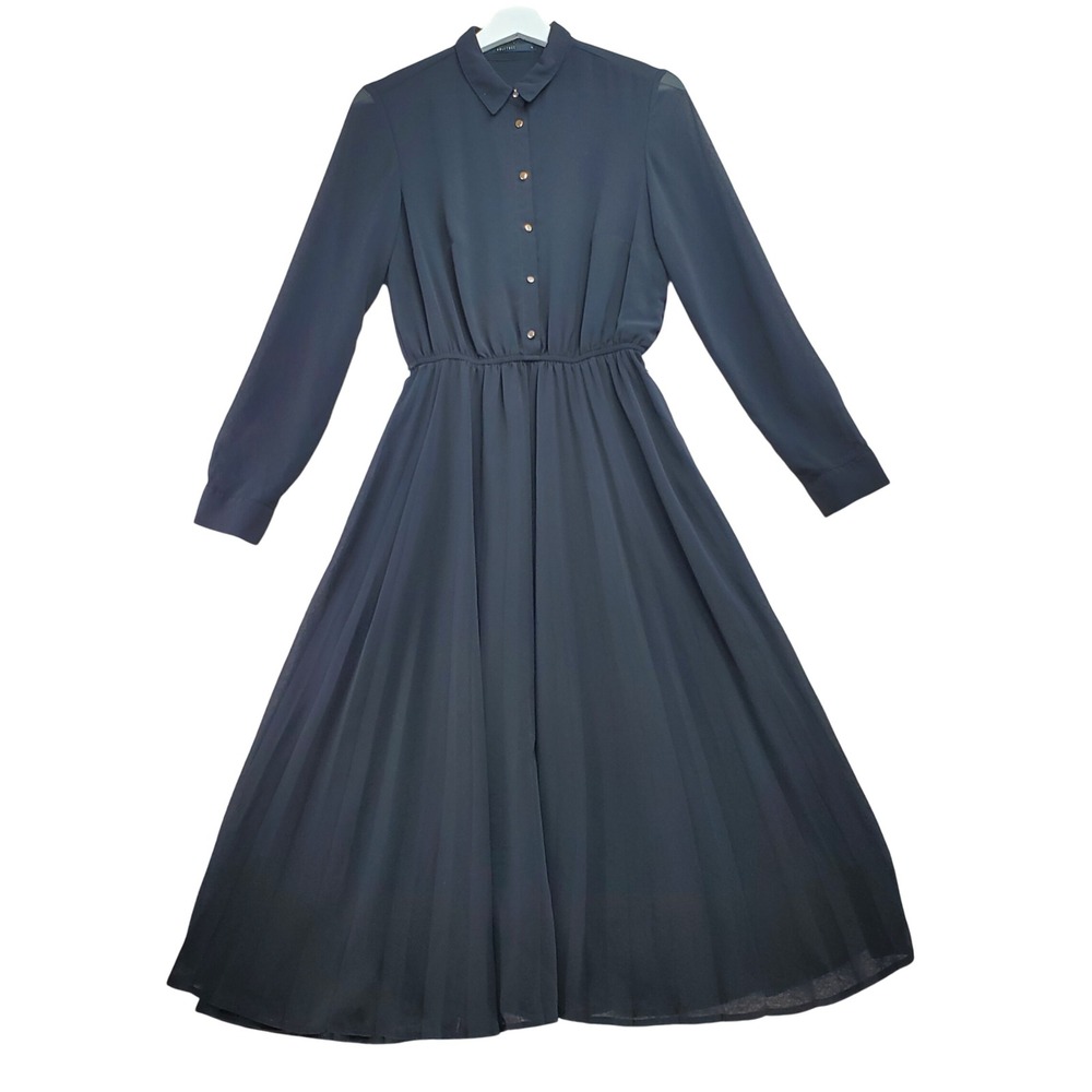 ABLETREE Black‎ Long Sleeve Button Front Elastic Waist Midi Dress Size M